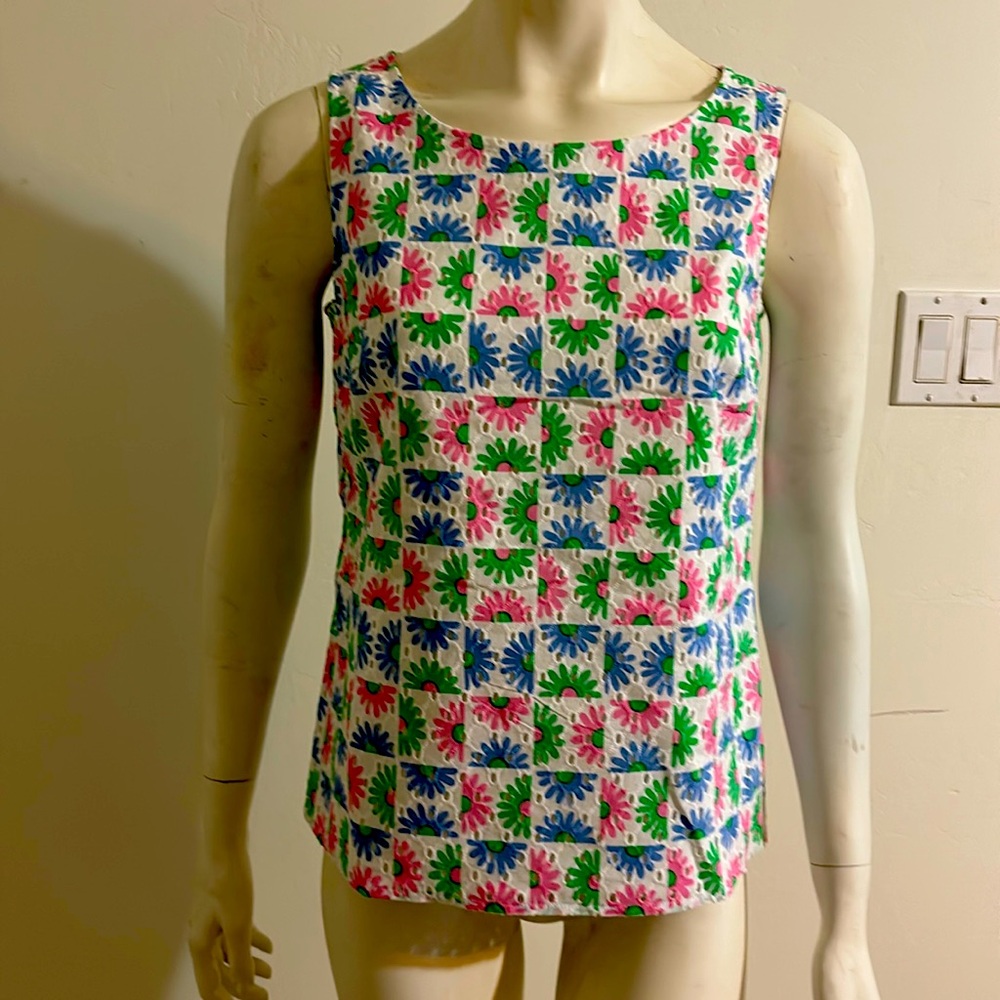 Sleeveless printed eyelet top